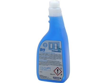 Dry Detergente a base di solventi specifico per la pulizia di vetri, specchi e superfici in genere. Dissolve ed elimina rapidamente macchie, residui nicotinici, impronte, grasso, etc.