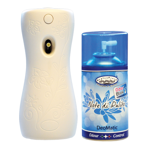 Diffusore automatico a batteria con intervallo di azione regolabile per gli  spray DeoMatic HygienFresh da 250ml.